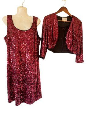 Karin Stevens Red Sequined Stretch Tank Dress Set with Matching Jacket Party 14